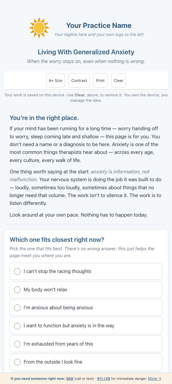 Mobile preview of a ClientWorksheets anxiety worksheet with practice branding, accessibility controls, print, clear data, and locally saved client responses.